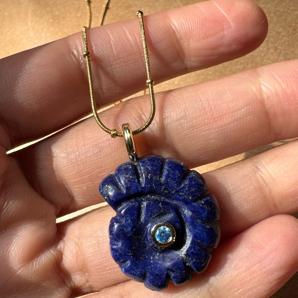 Lapis carved semiprecious stone shell nautilus pendant necklace CZ gemstone